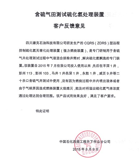 中国石化西南井下含硫气田测试硫化氢处理装置客户反馈